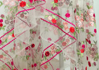 Floral Heavy Embroidered Lace Fabric , Polyester Mesh Fabric With Multi Color Embroidery