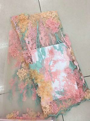 3D Beaded Lace Fabric , Scalloped Multi Color Floral Embroidered Fabric